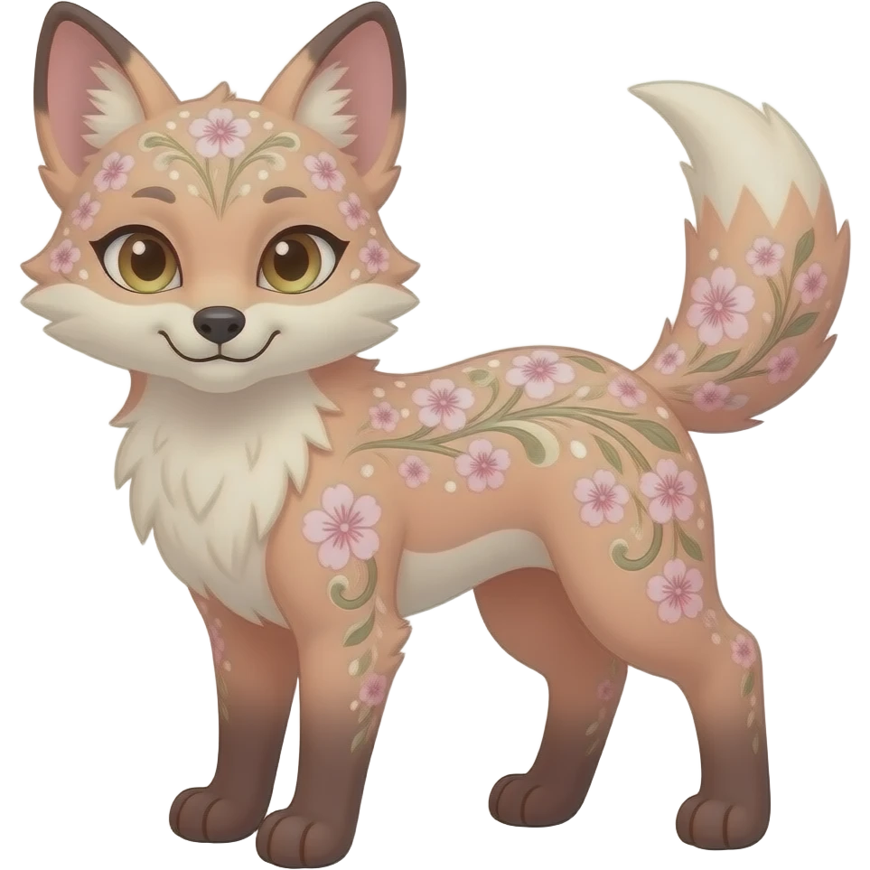 Anthropomorphic digitigrade Pastel beige and pastel Sakura-pink fox furry-Falvie-Fionbri-fursona with floral swirly markings and white spot markings, 2 legs, modern, sophisticated emoji
