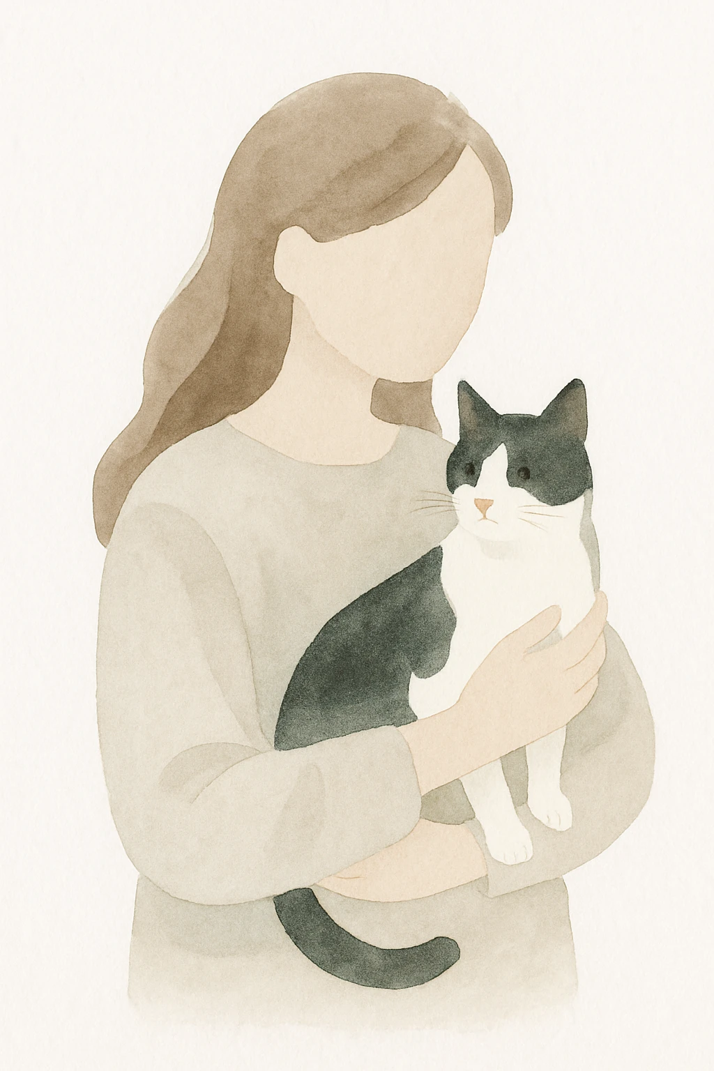 a person with brown long hair holding a black and white cat, soft watercolor style emoji