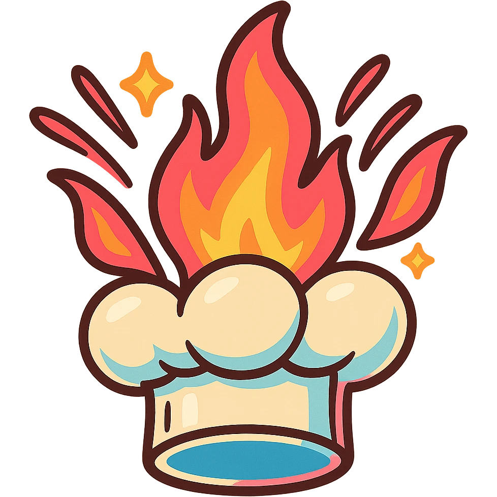 chef's hat explode with trails of fires, toon, playful, magic flame neon orange to neon pink gradient, vibrant, flame matching style reference file emoji
