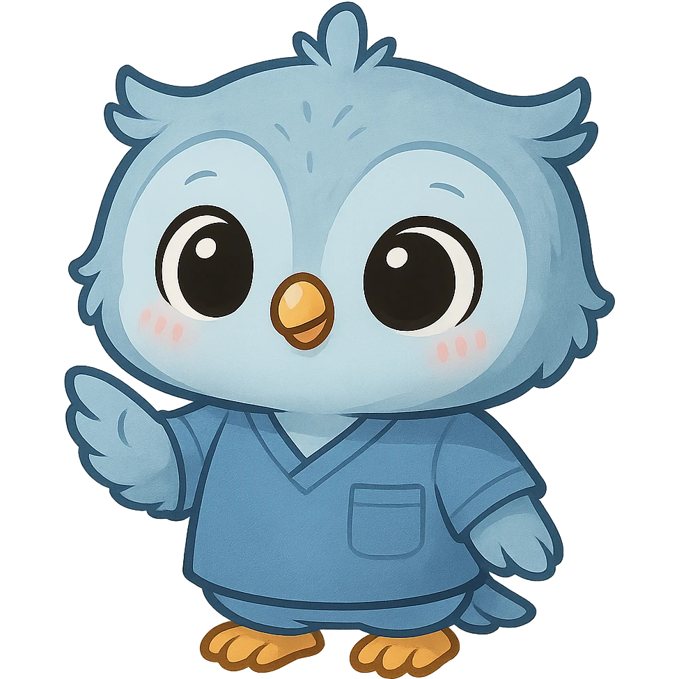 Change the baby owl's uniform to a blue psychology scrub, keeping the adorable and cute style, with a transparent background. emoji