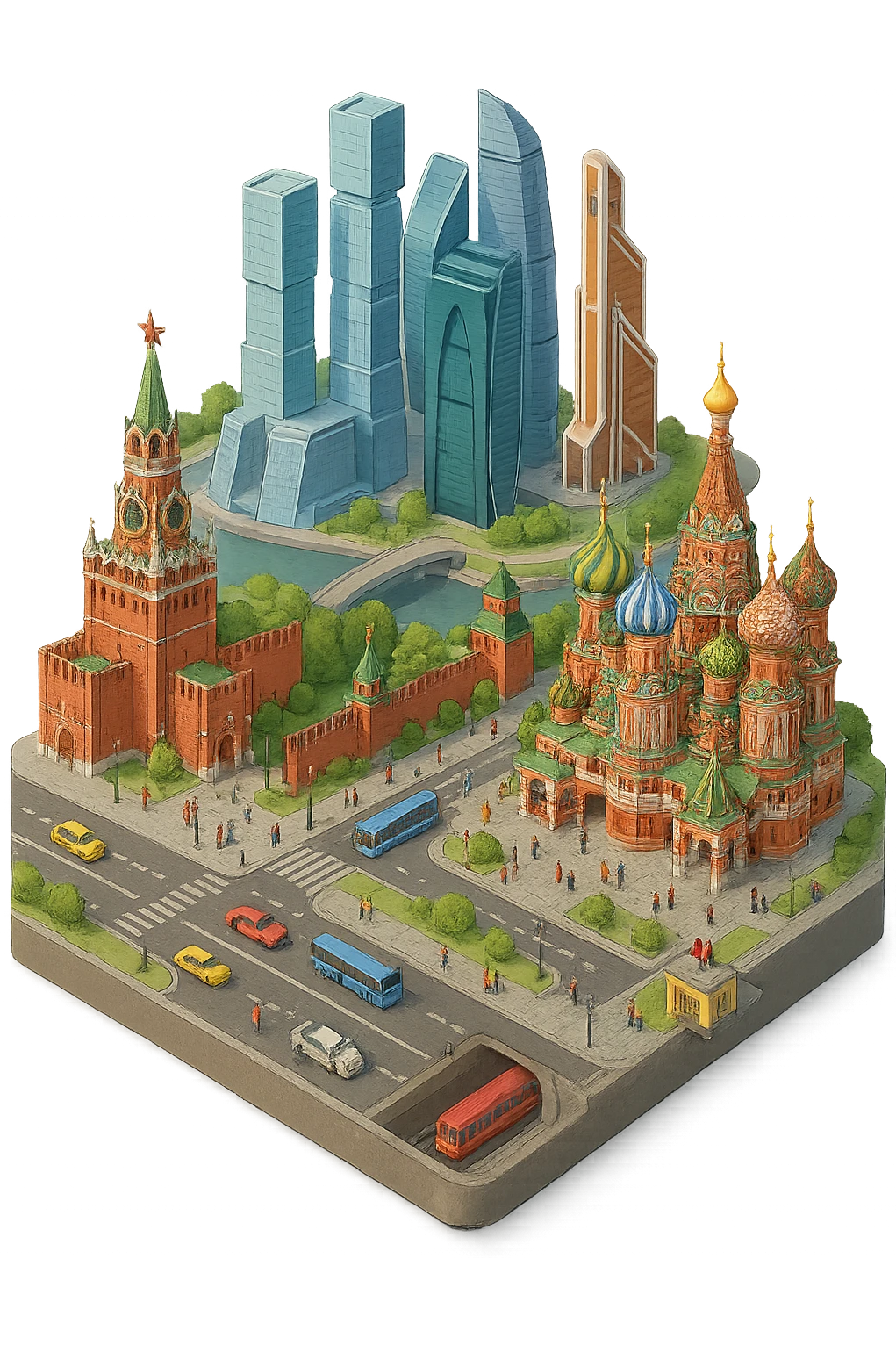 Изометричная миниатюрная фотореалистичная 3D модель Москвы на подставке - Кремль, собор Василия Блаженного, Башни Москва-Сити, четкая детализация, яркие цвета, мультяшный реализм, люди, автотранспорт и метро, компактная композиция, вид сверху в изометрии, прозрачный фон emoji