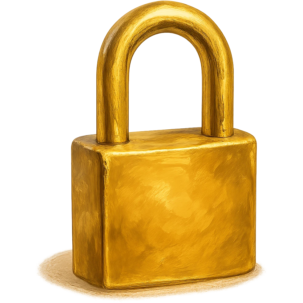 В cлегка рисованной, но при этом объемной и яркой стилистике сгенерируй картинку фотореалистичного полностью золотого замка (замок который для ключей), прозрачный фон emoji