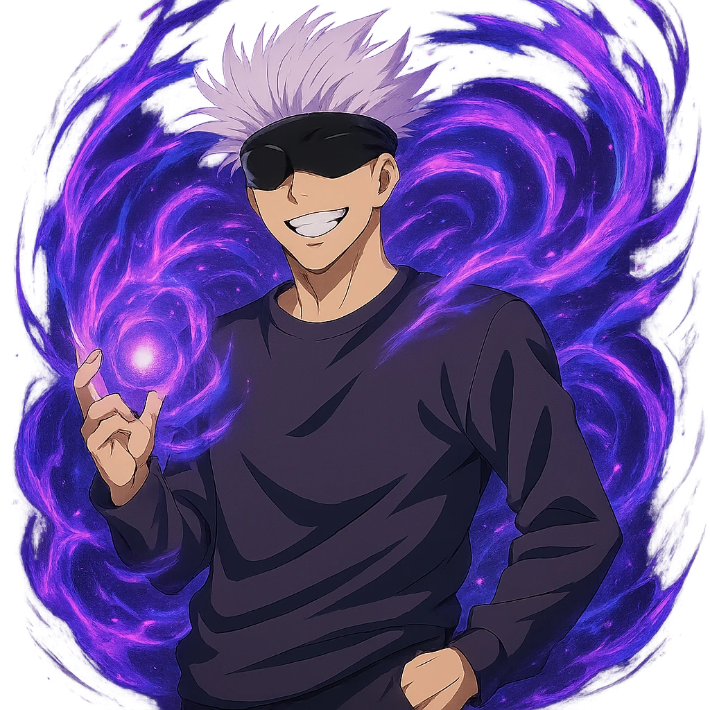 Add Hollow Purple effect with swirling purple and blue energy around Gojo Satoru, keeping his smiling casual pose, in anime style, no background. emoji