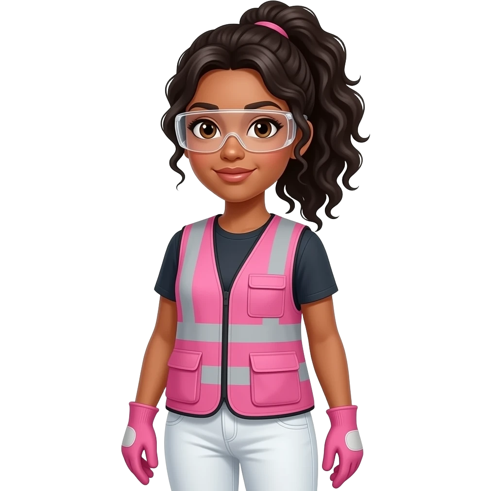 White woman with brown eyes with long curly black hair with ponytail in hair wearing pink and clear safety glasses wearing a pink construction vest wearing white pans wearing pink construction vest wearing white pants wearing pink construction gloves emoji