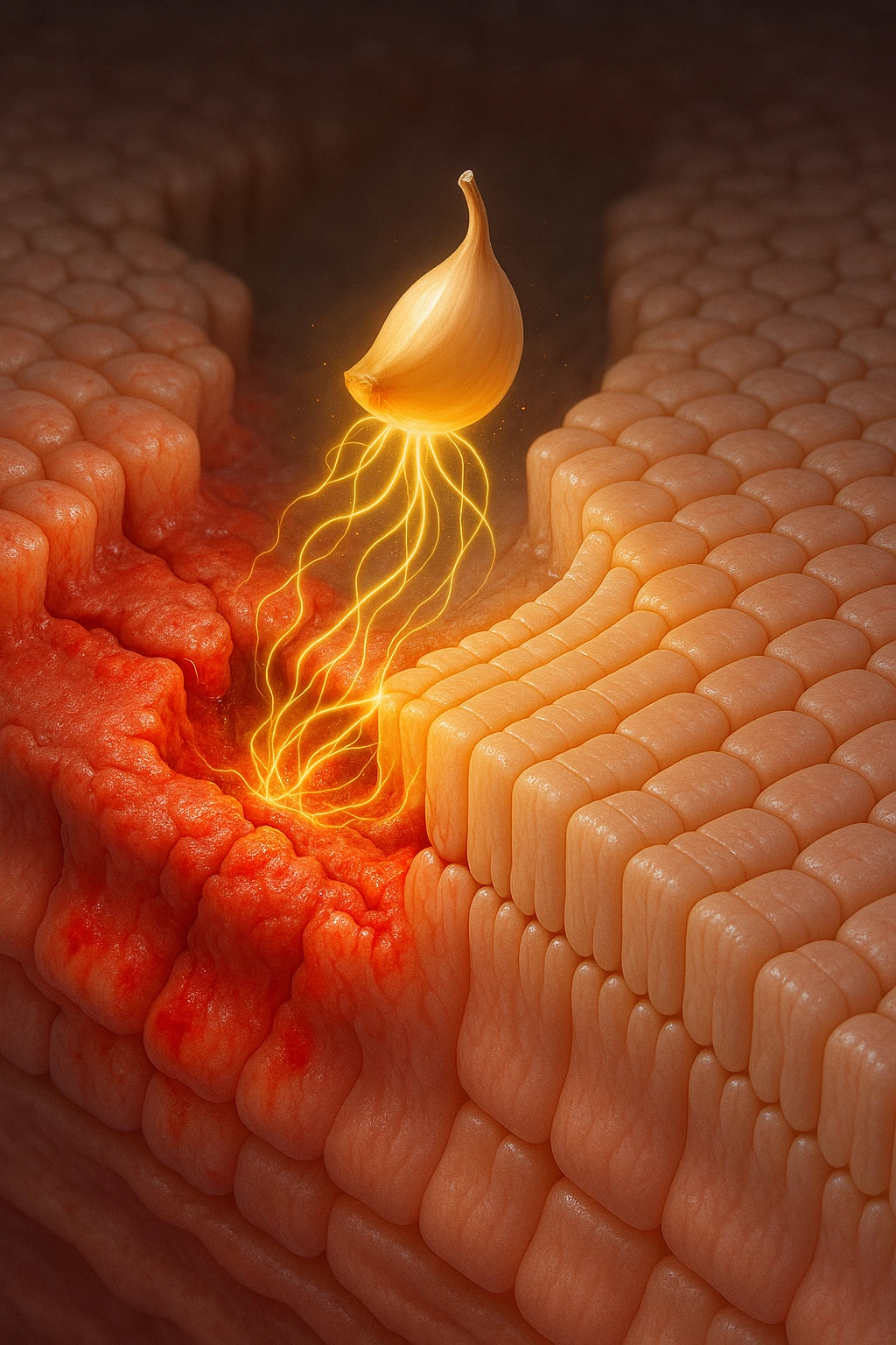 Scientific visualization. A damaged, inflamed section of intestinal lining. A miniature, glowing clove is positioned like a healer, sending out tendrils of golden energy that soothe the inflammation and weave the cellular barrier back together, creating a healthy, sealed surface. emoji