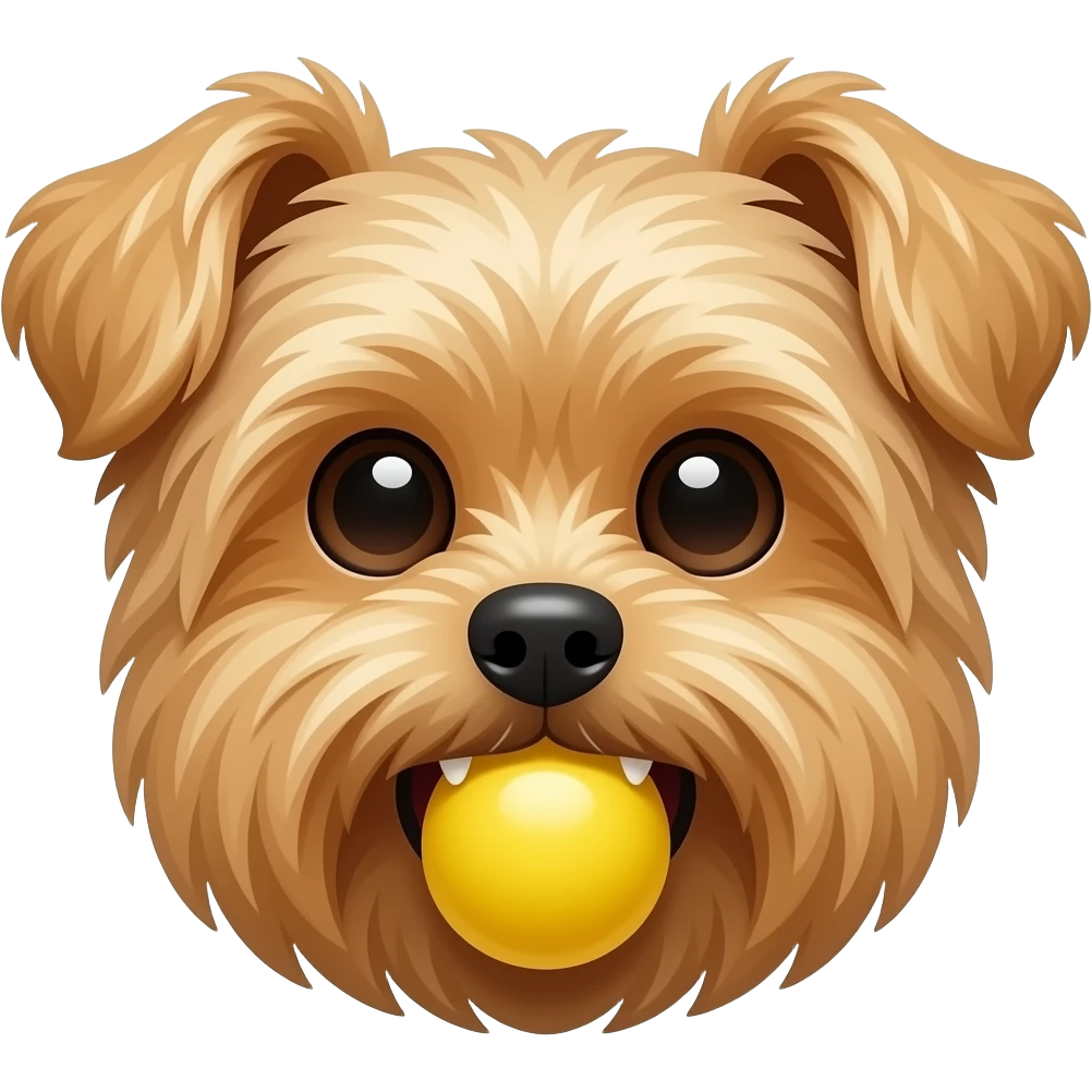 Droopy long ear gold yorkie face with yellow ball in mouth teeth showing emoji