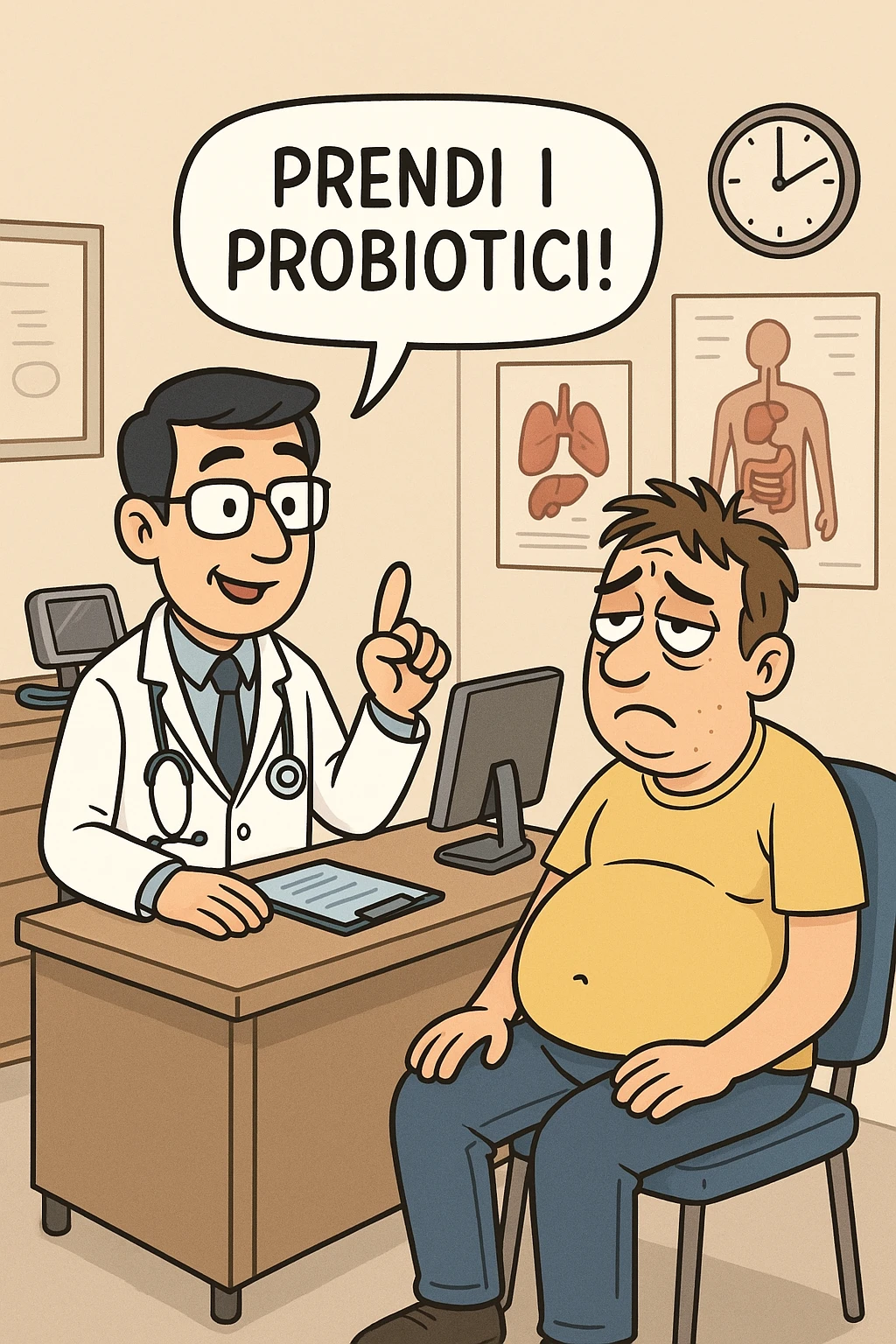 Uomo che ha disbiosi evidente e il dottore gli dice "Prendi i Probiotici!" emoji