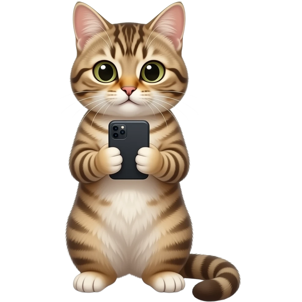 Glossy 3D rendered realistic cat standing upright on two legs, detailed fur and features, front-facing, holding and looking at a smartphone, soft shading, white background emoji