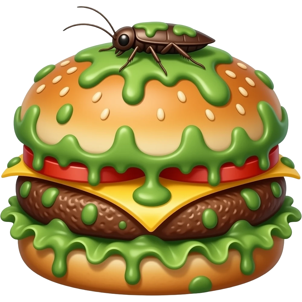 moldy rotten hamburger. molds should be green and cartoonish. there will be a cockroach on it. no face emoji