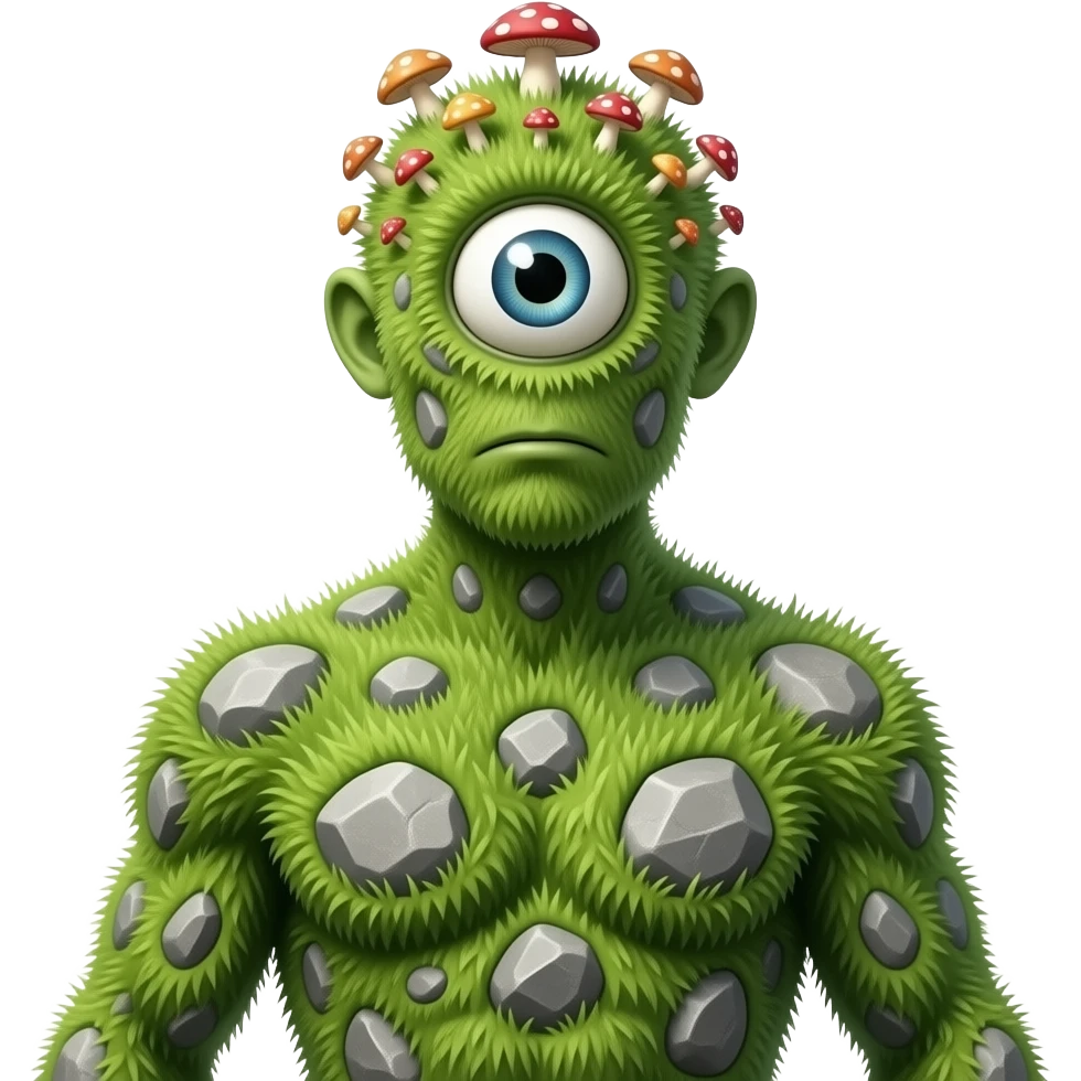 A humanoid thing with grass on it with rocks on it different mushroom growing on its head with no ears no mouth one single eye full body emoji