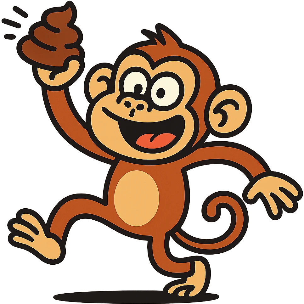 funny monkey throwing poop, cartoon style, vibrant colors, funny expression emoji
