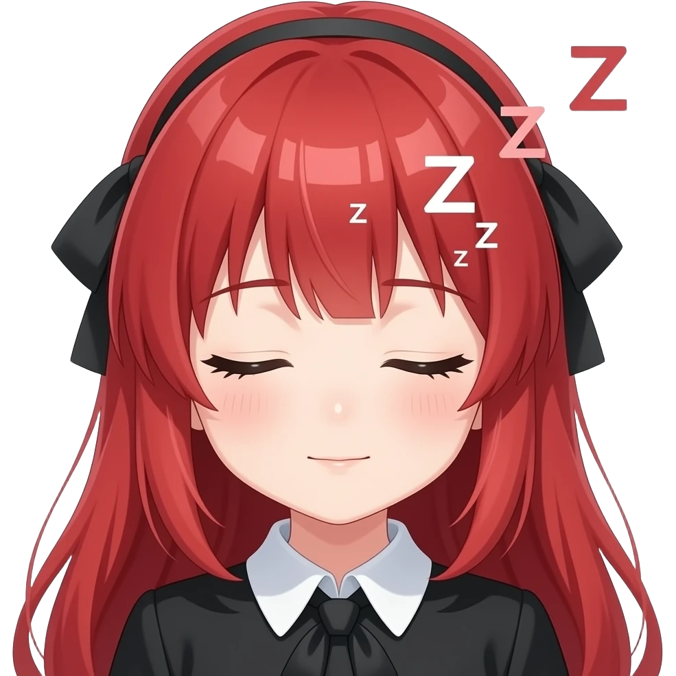 anime girl,sleep zzzs,  red hair, green eyes, black blouse with white collar emoji