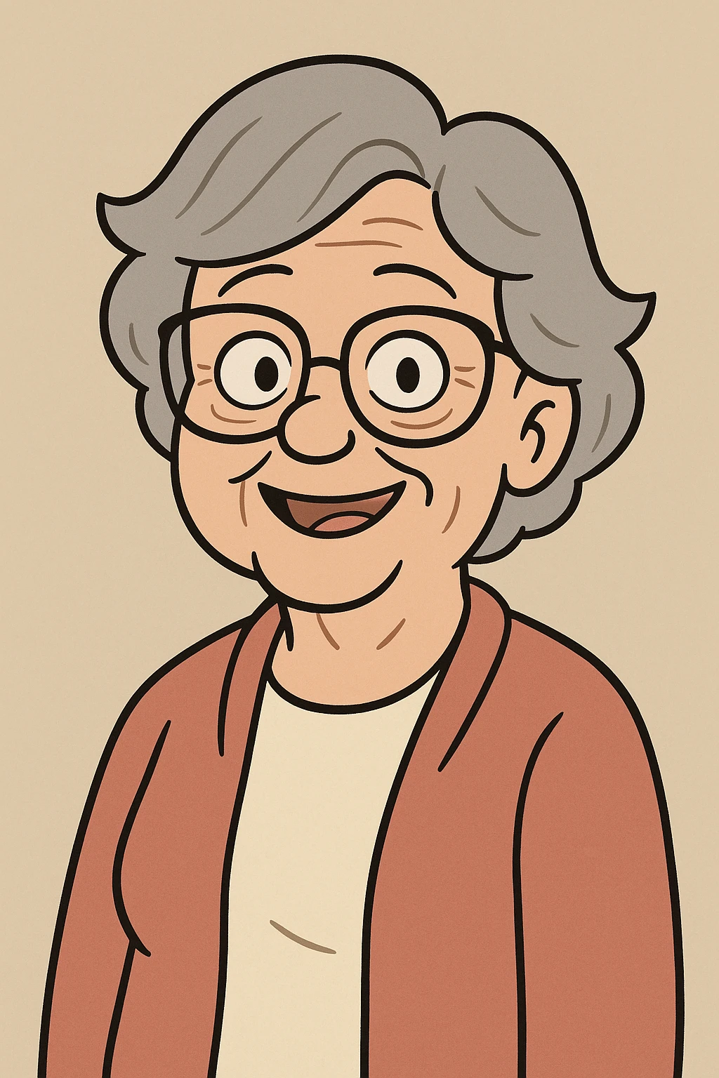 elderly woman with glasses, smiling, short gray hair, flat toon style emoji