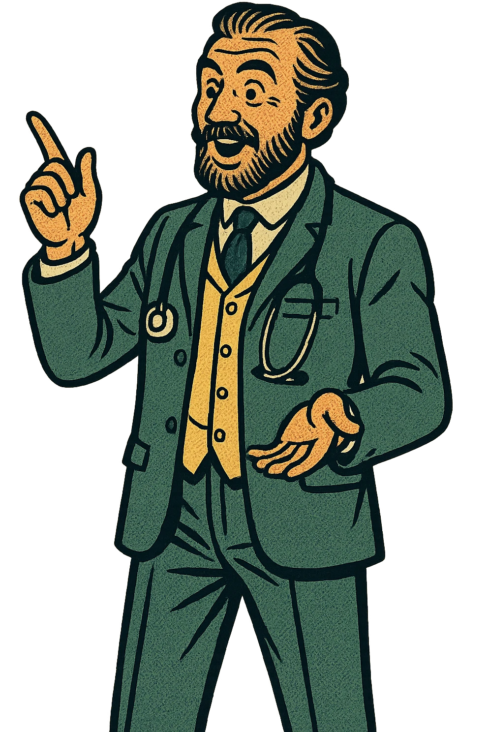 The full body of a doctor from the late 1800s presenting information emoji