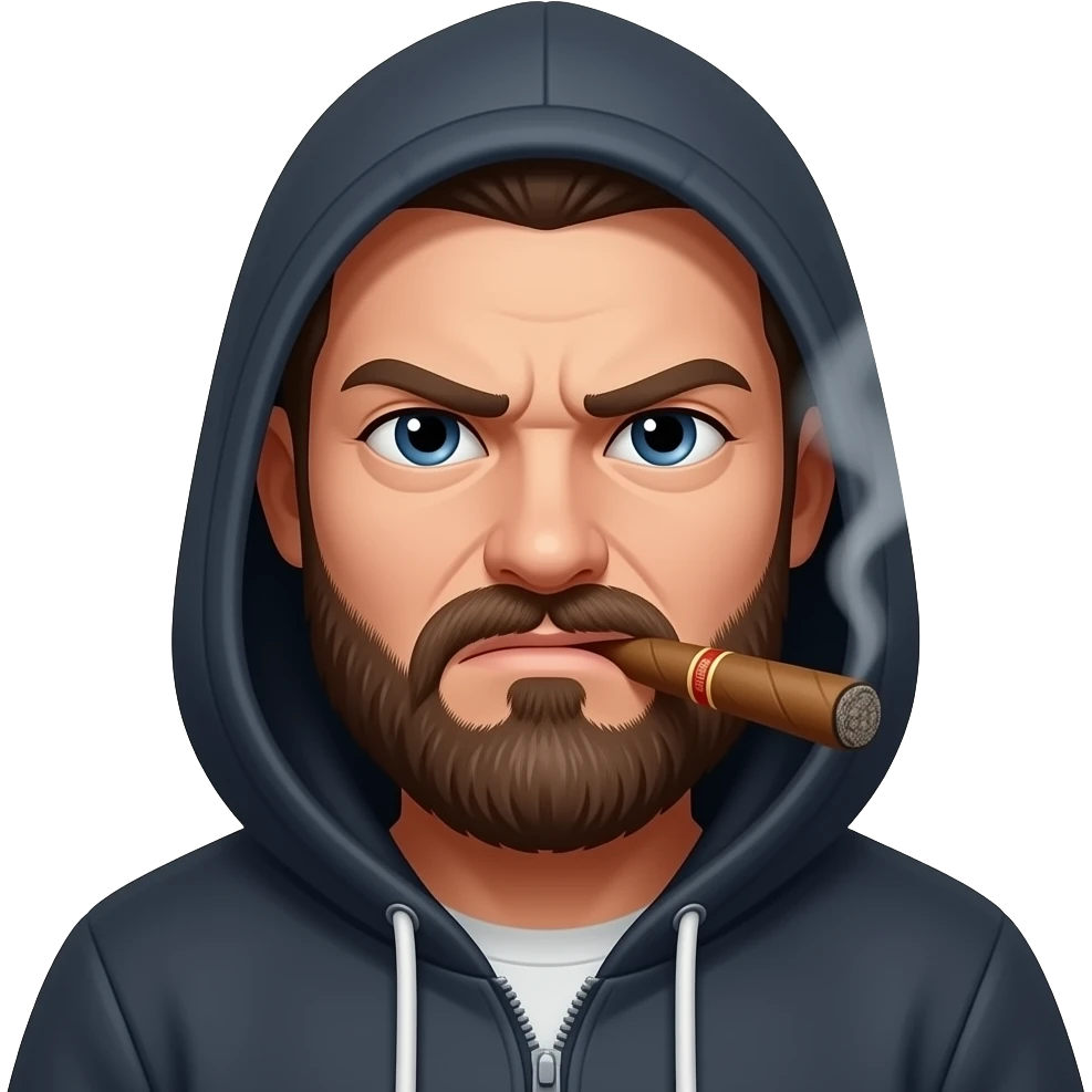 man with beard and hoodie frowning and smoking cigar emoji