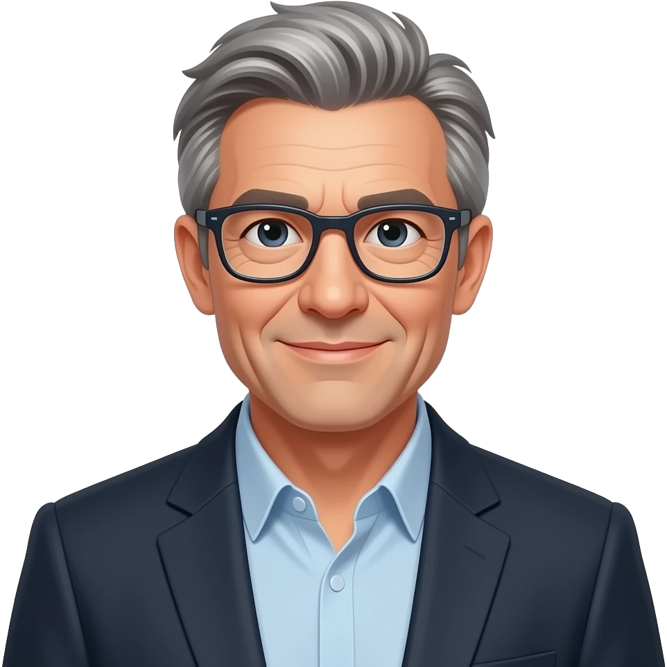 Wise counselor with kind eyes. Middle aged, dressed in a button down that is more casual than business with a cool, modern jacket on and a pair of modern glasses. His hair should be not too perfect, but a very slight bit of disheveled. He should look approachable and slightly solemn. A gentle smile. emoji