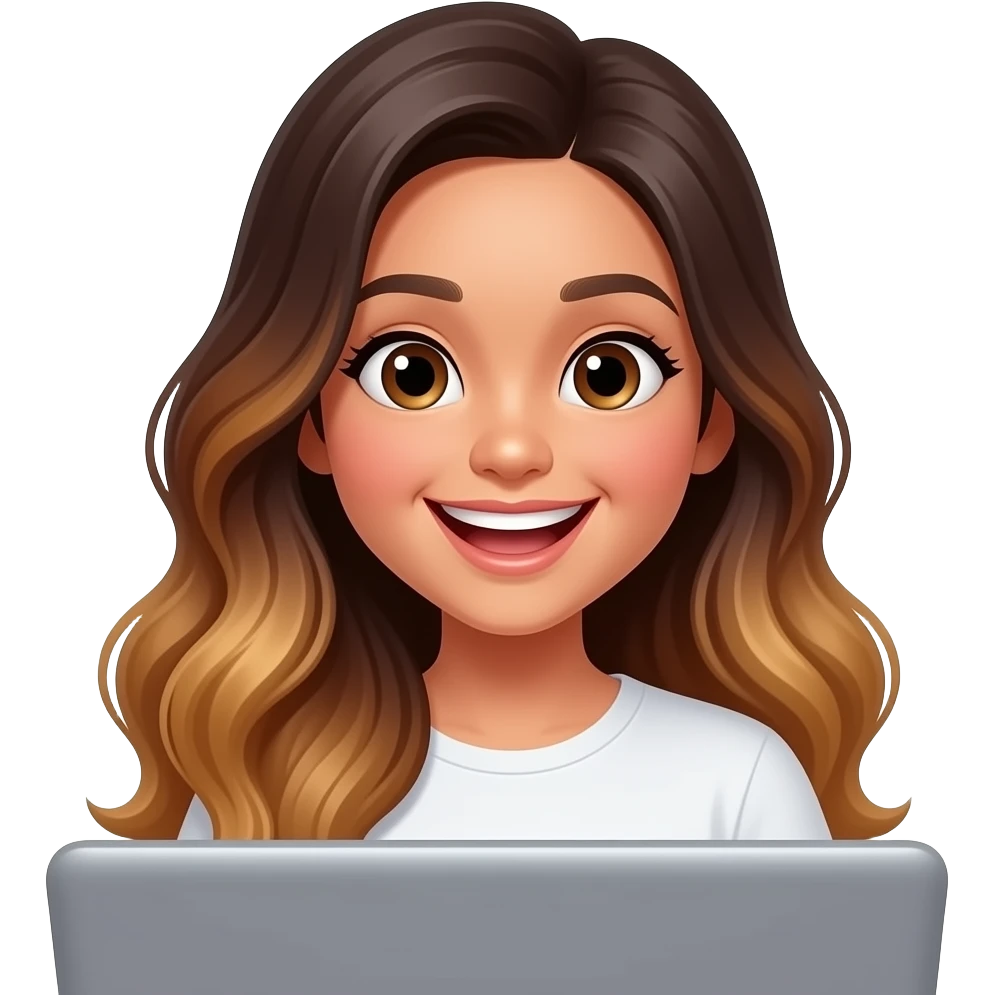 Beautiful Filipino girl beautiful eyes with long wavy hair balayage watching show on laptop laughing emoji