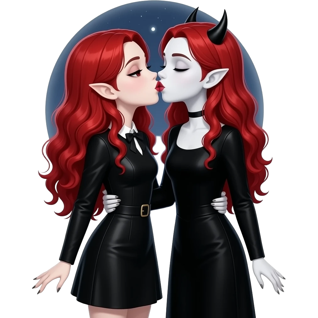 Vampiro femmina 12enne con pelle BIANCA capelli lunghi  rosso fuoco ondulati e che indossa una vestito stretto in vita e largo e lungo sotto nero con maniche lunghe e anfibi che arrivano alle ginocchia che bacia un vampiro con la pelle bianca al chiaro di luna emoji