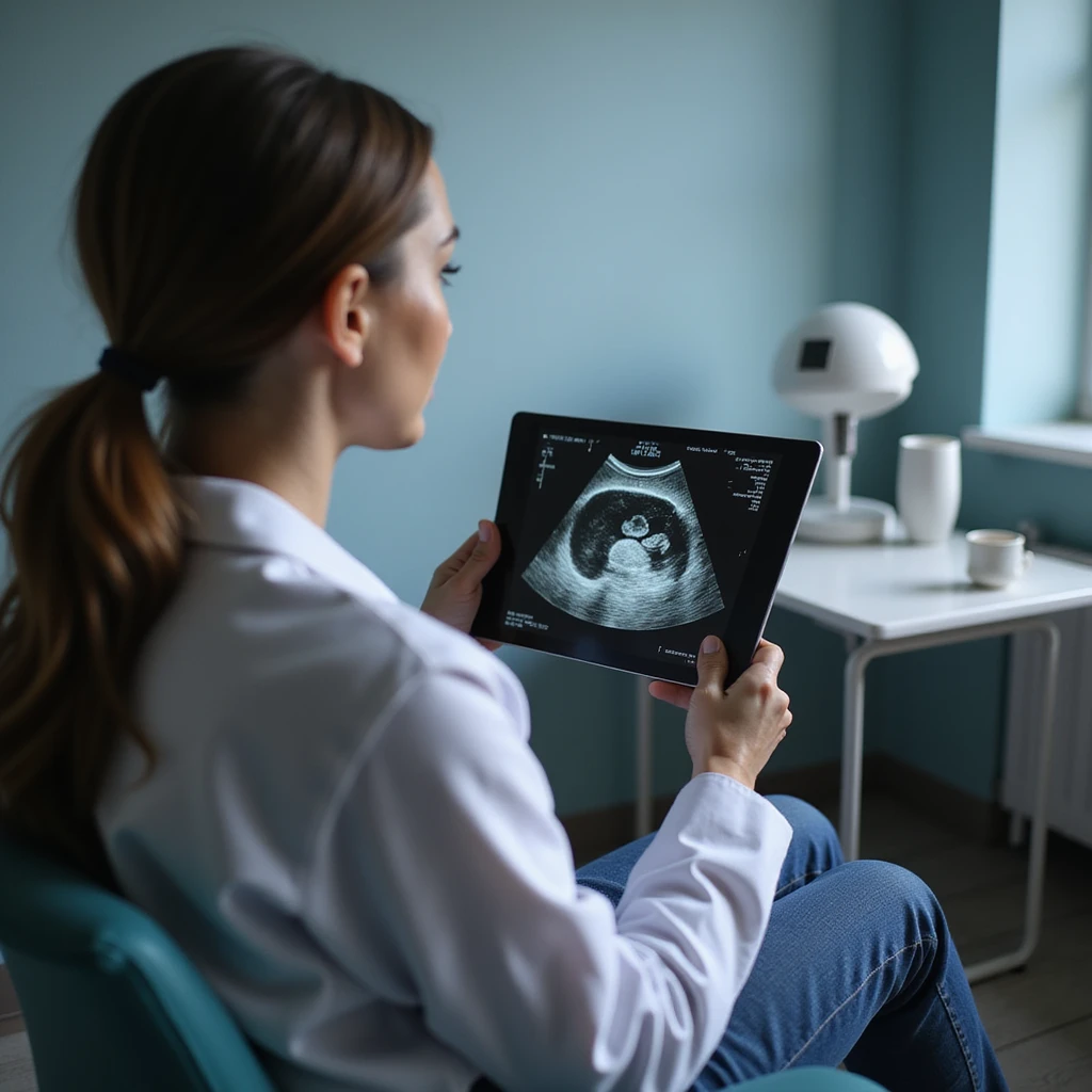 woman sitting with a doctor showing pelvic ultrasound results, serious expression, clinical environment, hyperrealistic 4K details emoji