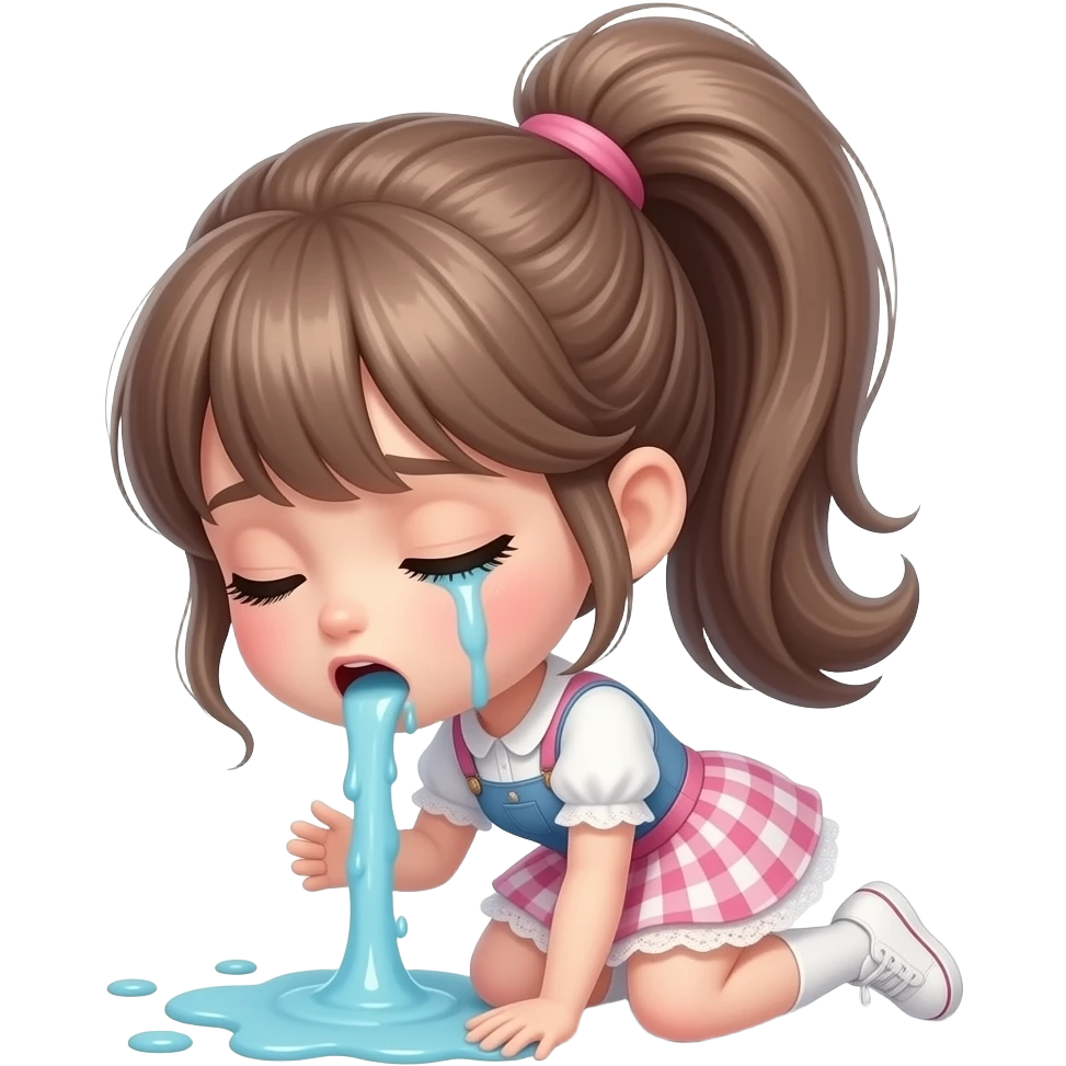 A full-body doll with a pretty ponytail is vomiting through her mouth, spewing it out onto the floor at her feet emoji