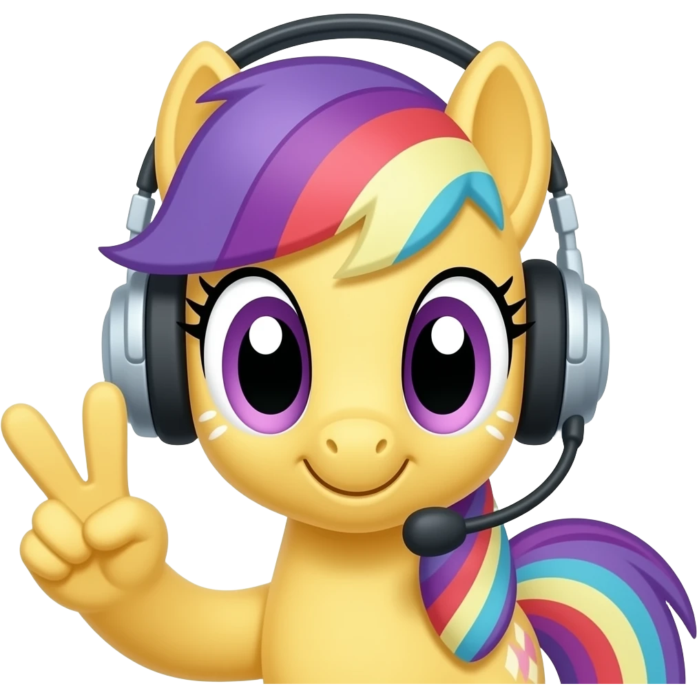 bright cute Pony peace sign with Headset closeup , front facing emoji