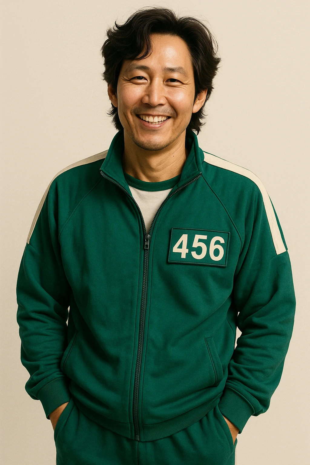 Player 456, Seong Gi-hun from Squid Game 3, in the green player team uniform, smiling, hands in pockets, minimal background emoji