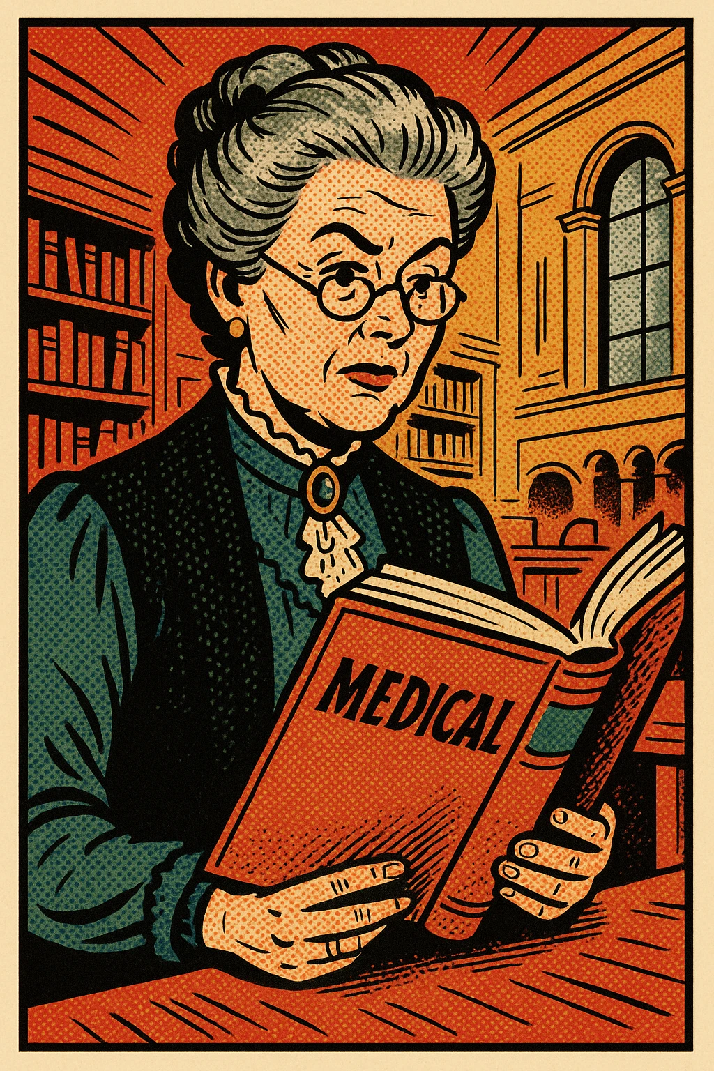 A wealthy victorian women in her 50s reading a medical text book in a university emoji