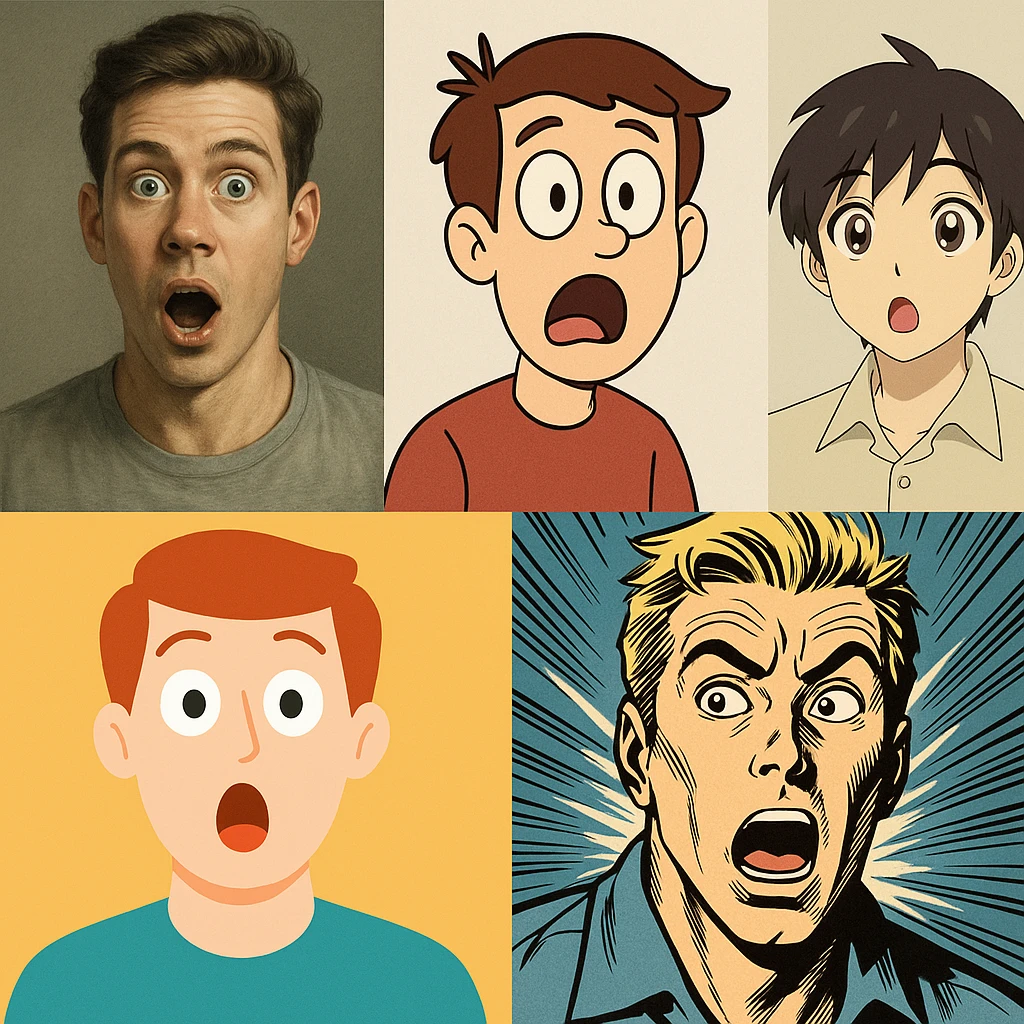 surprised expression character, various styles emoji