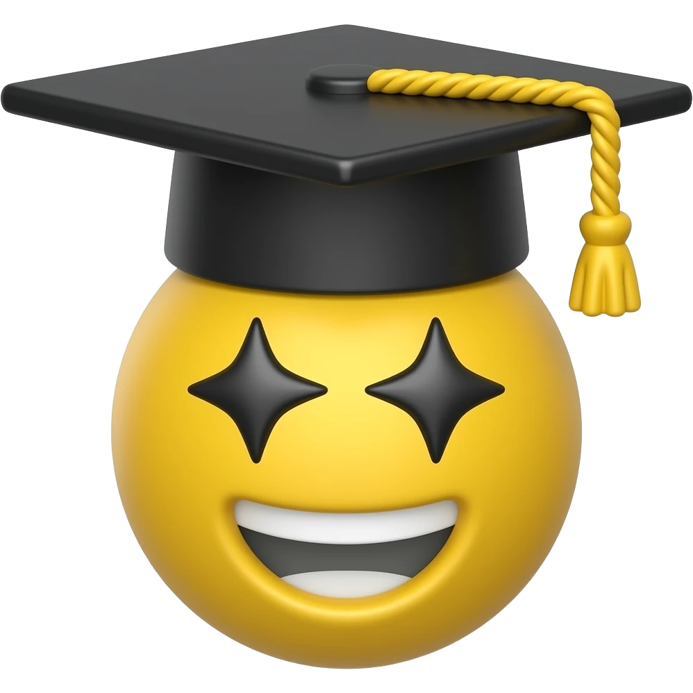 The exact 🤩 emoji face, classic yellow circle emoji, star-shaped eyes, big smile, with a black graduation cap (mortarboard) sitting on top of it, gold tassel, flat 3D emoji style, simple cartoon, white background, no humans, no characters, just the emoji itself emoji