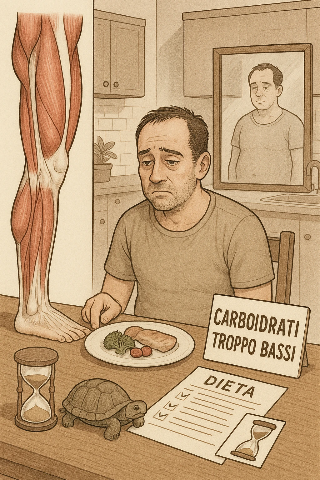 illustrazione anatomica di gamba più Uomo sui 35 anni in cucina, con espressione affaticata e spenta, guarda un piatto con pochissimi carboidrati (solo qualche verdura e proteine). Accanto a lui, fogli con una dieta rigida e una scritta visibile: 'Carboidrati troppo bassi'. Il suo corpo appare bloccato, senza definizione, con uno specchio alle spalle che riflette una figura stanca e senza progressi. Sul tavolo ci sono simboli che richiamano il metabolismo rallentato: una tartaruga, una clessidra ferma.corta o inibita emoji
