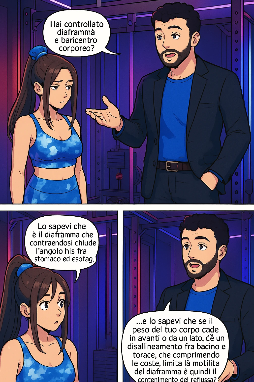 TRASFORMA QUESTO CAROSELLO IN UN FUMETTO STILE WEBTOON/MANGA A COLORI CON QUESTE DUE PERSONE IDENTICHE CHE INTERLOQUISCONO TRA LORO, L'uomo sta spiegando alla donna questo concetto:

LUI (UOMO): Hai controllato diaframma e baricentro corporeo?
LUI (UOMO): Lo sapevi che è il diaframma che contraendosi chiude l’angolo his fra stomaco ed esofago, contenendo la risalita degli acidi grassi?
LUI (UOMO): …e lo sapevi che se il peso del tuo corpo cade in avanti o da un lato, c’è un disallineamento fra bacino e torace, che comprimendo le coste, limita la motilità del diaframma e quindi il contenimento del reflusso? emoji