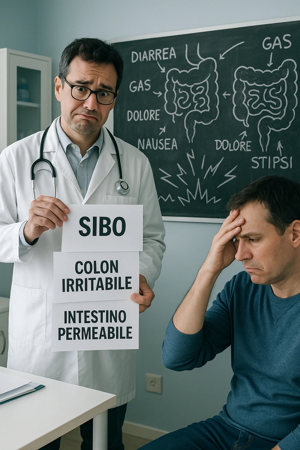 Scena clinica con un medico confuso in camice bianco davanti a un paziente seduto. Il medico ha tre fogli in mano, e li mostra uno alla volta con espressione incerta: il primo dice 'SIBO', il secondo 'Colon Irritabile', il terzo 'Intestino Permeabile'. Il paziente ha un’espressione confusa e scoraggiata, con una mano sulla fronte. Sullo sfondo una lavagna caotica con disegni di intestino e sintomi ovunque. Stile realistico con tocchi ironici, toni freddi da ambulatorio ma con un messaggio visivo forte di incertezza diagnostica. in italiano emoji