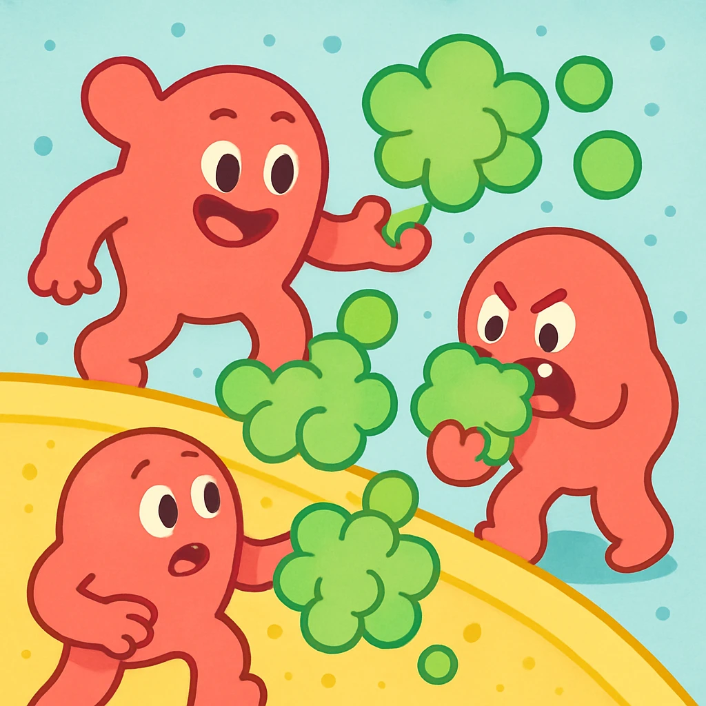 A realistic really detailed of enzymes (red) breaking down starch (green) near a cell membrane (yellow). Macro photography style. No labels. emoji