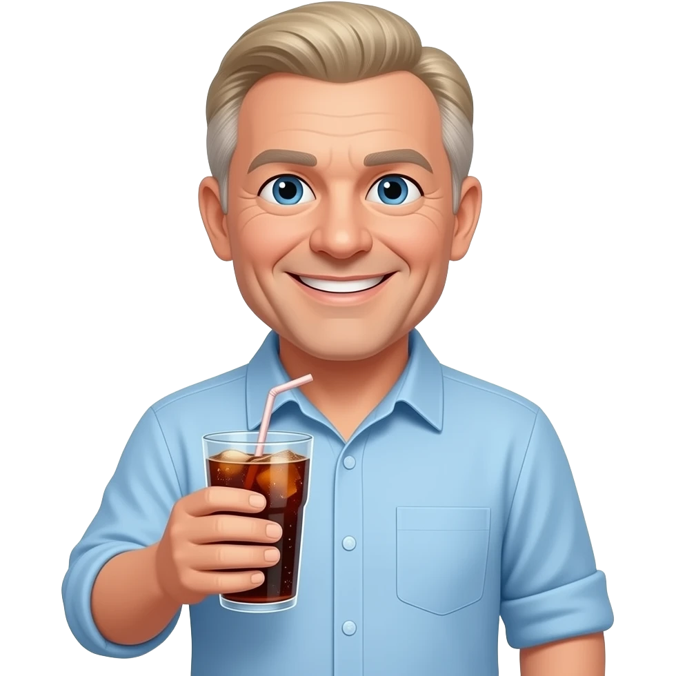 show me a pale white man smiling -with a round face- in his 50s in a light blue button down shirt-- clean shaven -with blond salt and pepper hair holding a cup of soda emoji