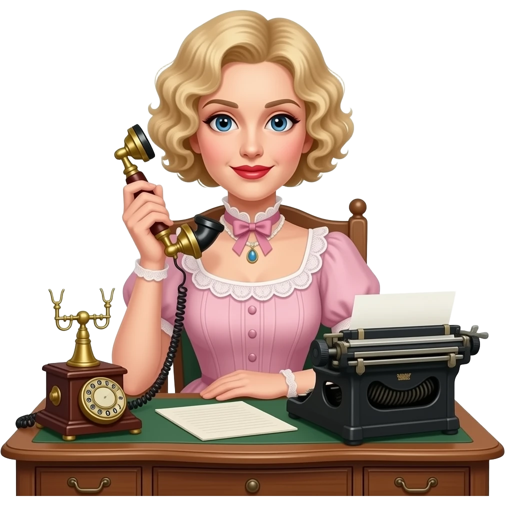short blonde curly pixie bob hair in a 1800 pink dress sitting down an antique desk, antique phone, and antique typewriter with red lipstick emoji