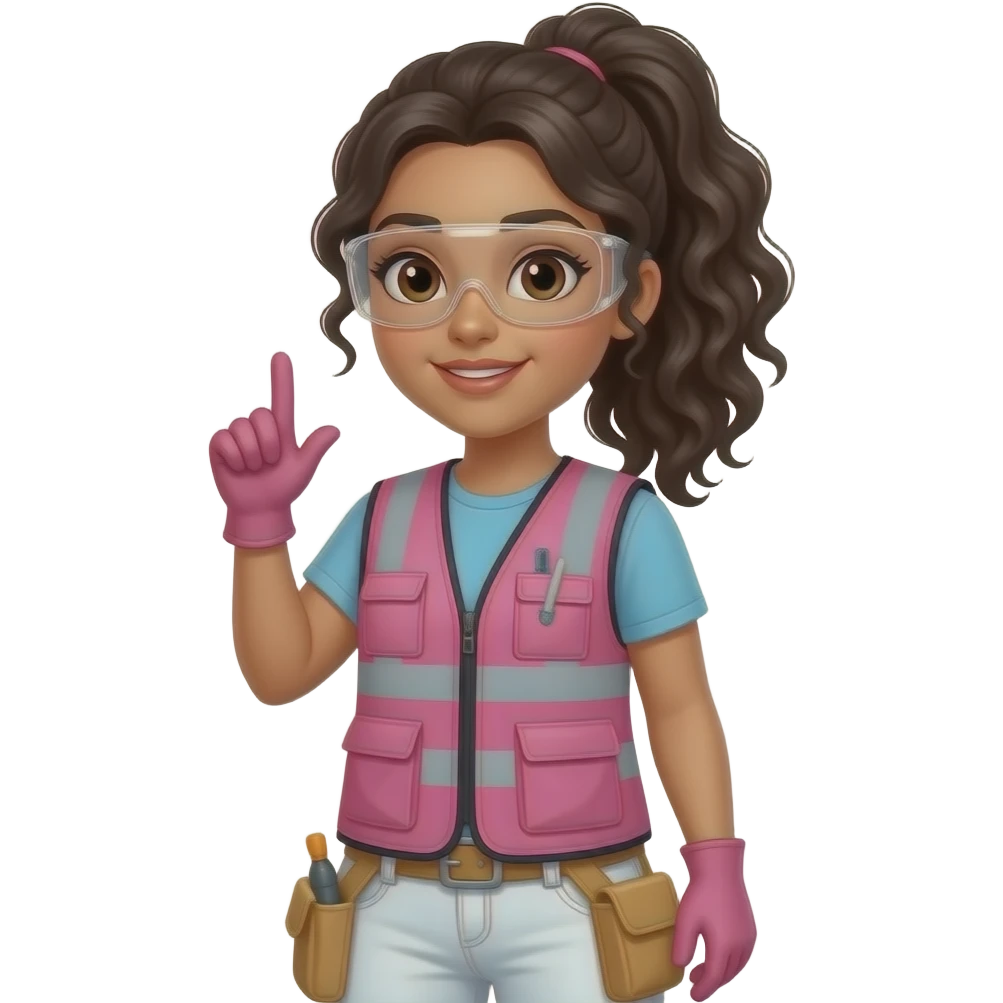 White woman with brown eyes with long curly black hair with ponytail in hair wearing pink and clear safety glasses wearing a pink construction vest wearing white pans wearing pink construction vest wearing white pants wearing pink construction gloves emoji