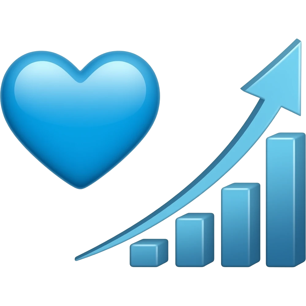 On the left: a whole blue heart. On the right: a growing economic chart in the form of an arrow emoji
