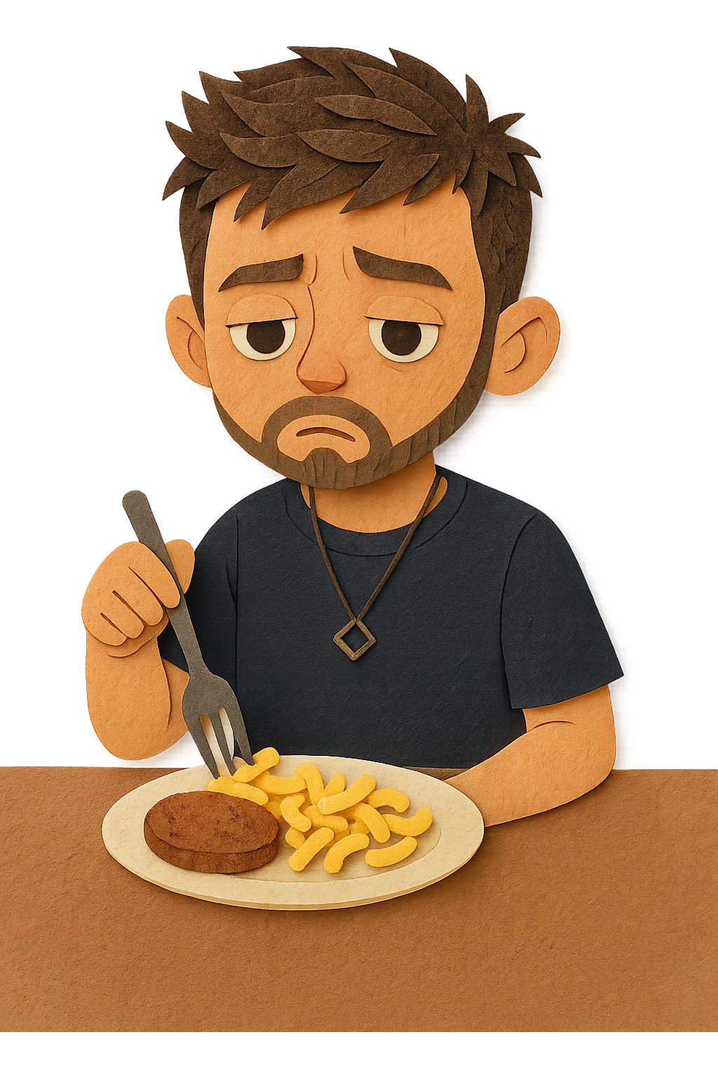 A stylized 3D child version of the person in the reference photo, around 6 years old, is sitting at a table. He looks bored, staring at a plate of macaroni and a meat patty, absentmindedly poking the macaroni with a fork. Keep the pose relaxed and the expression subtly disinterested. The style should be semi-realistic 3D, soft lighting, clean detail emoji