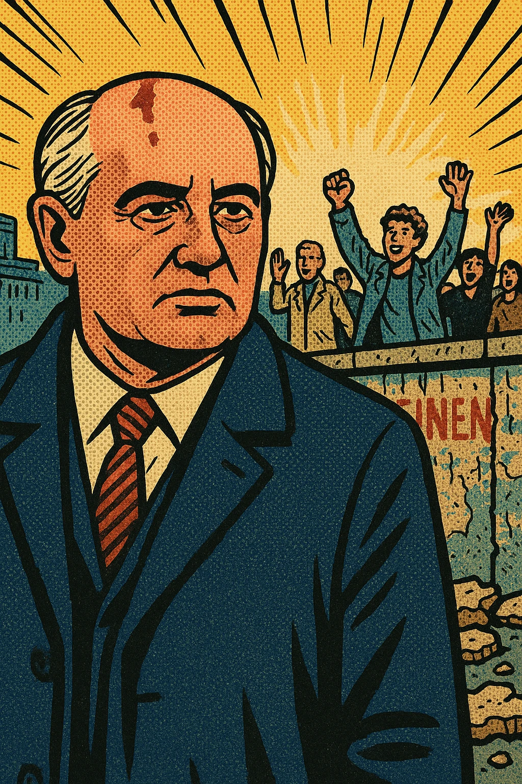 Mikhail Gorbachev standing in front of the Berlin Wall in 1989 which has fallen down.  There are people cheering in the background walking from East Berlin to West Berlin. emoji