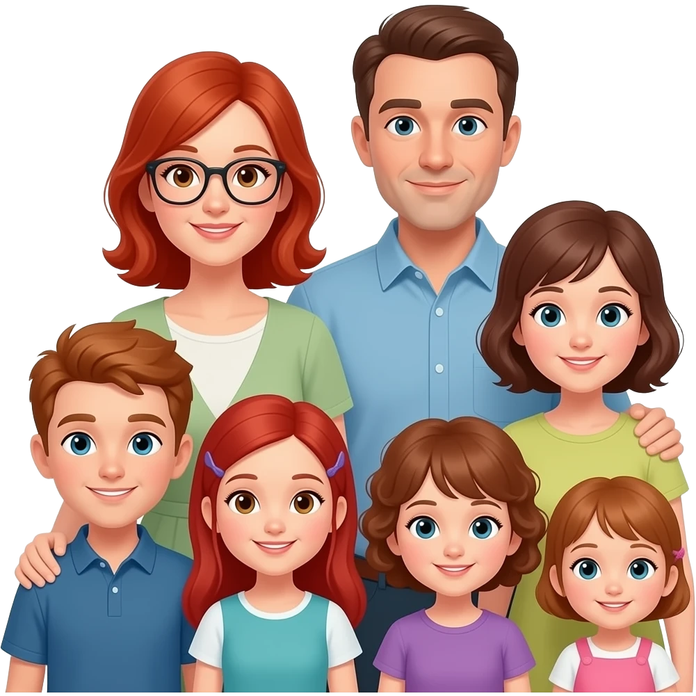 a mom dad and older sister with red hair and clar glasses a 10 year old brother with brown hair a 7 year old sister with red hair a 5 year old brother with red hair a 3 year old sister with short curly red hair and a 1 year old girl with brown hair emoji