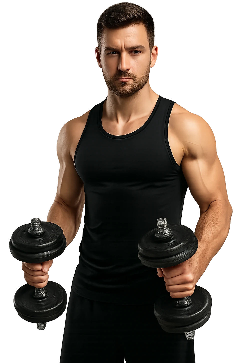 uomo fitness in forma con manubri da palestra in mano, isolata su sfondo bianco emoji
