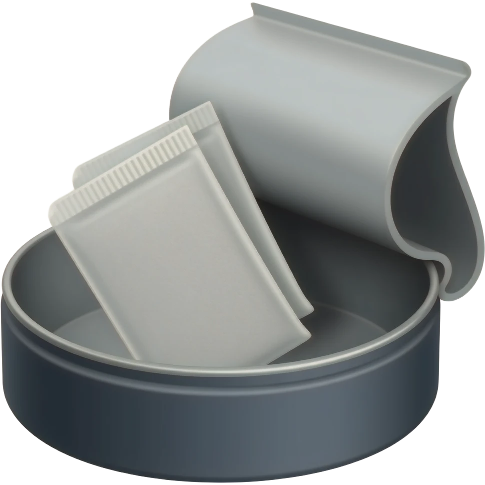 A clean, minimal emoji-style illustration of an open snus can filled with white nicotine pouches. The can is round, dark-colored (black or dark gray), viewed from a slightly top-down angle. Inside are soft, white pouches. Smooth shading, soft shadows, high contrast, and simple shapes. emoji