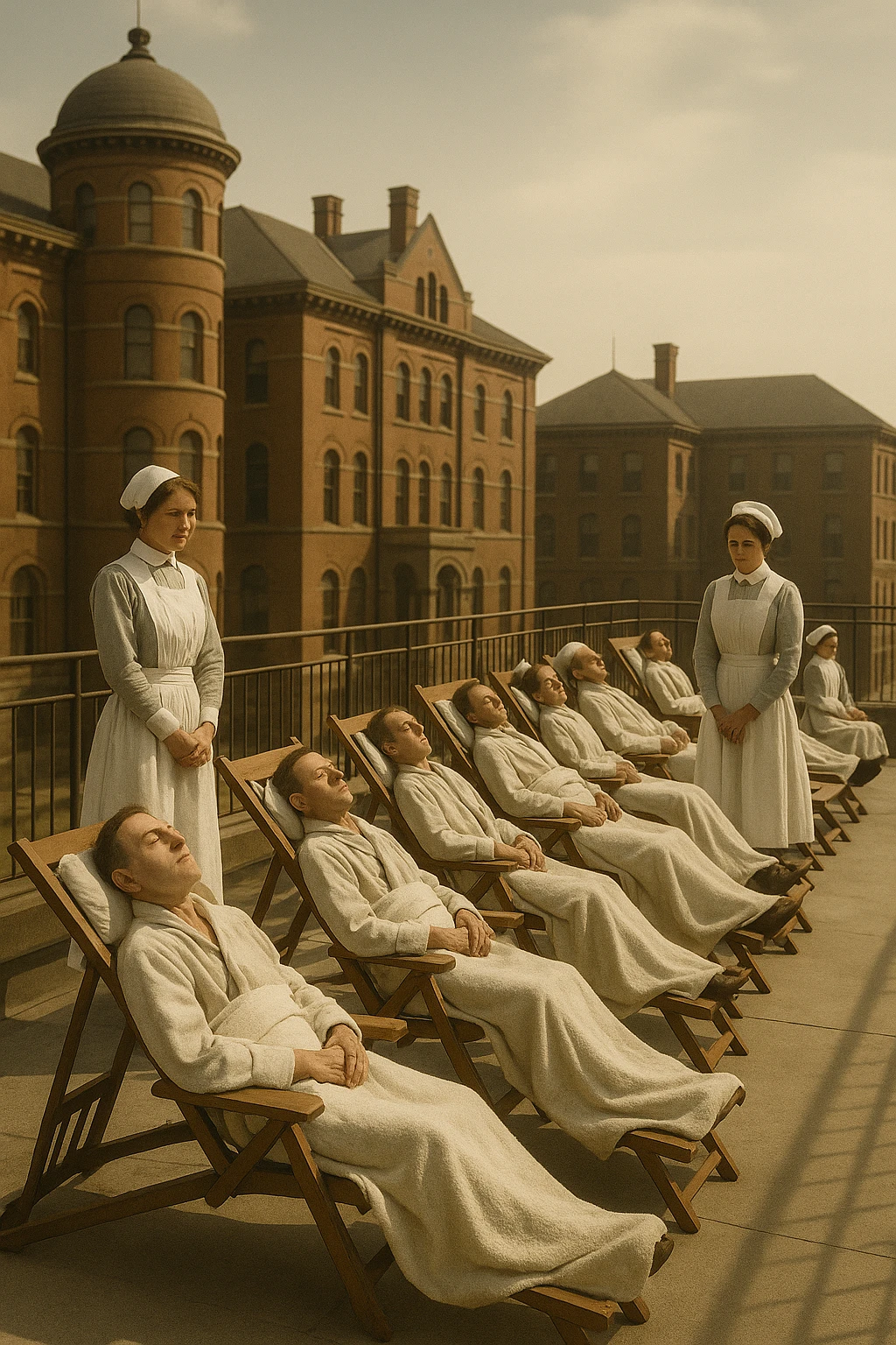 A realistic cinematic image of a hospital rooftop solarium from the 1900s, patients sunbathing under nurse supervision for heliotherapy against tuberculosis and rickets. emoji