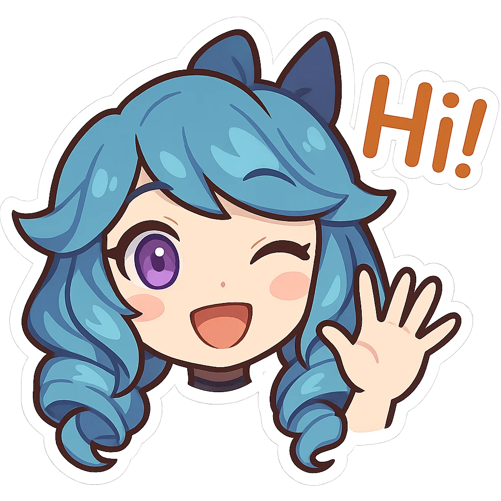 Gwen from League of Legends, chibi emote style, only head visible, right eye purple, friendly hi expression, waving hand, eyes open, cute and expressive emoji