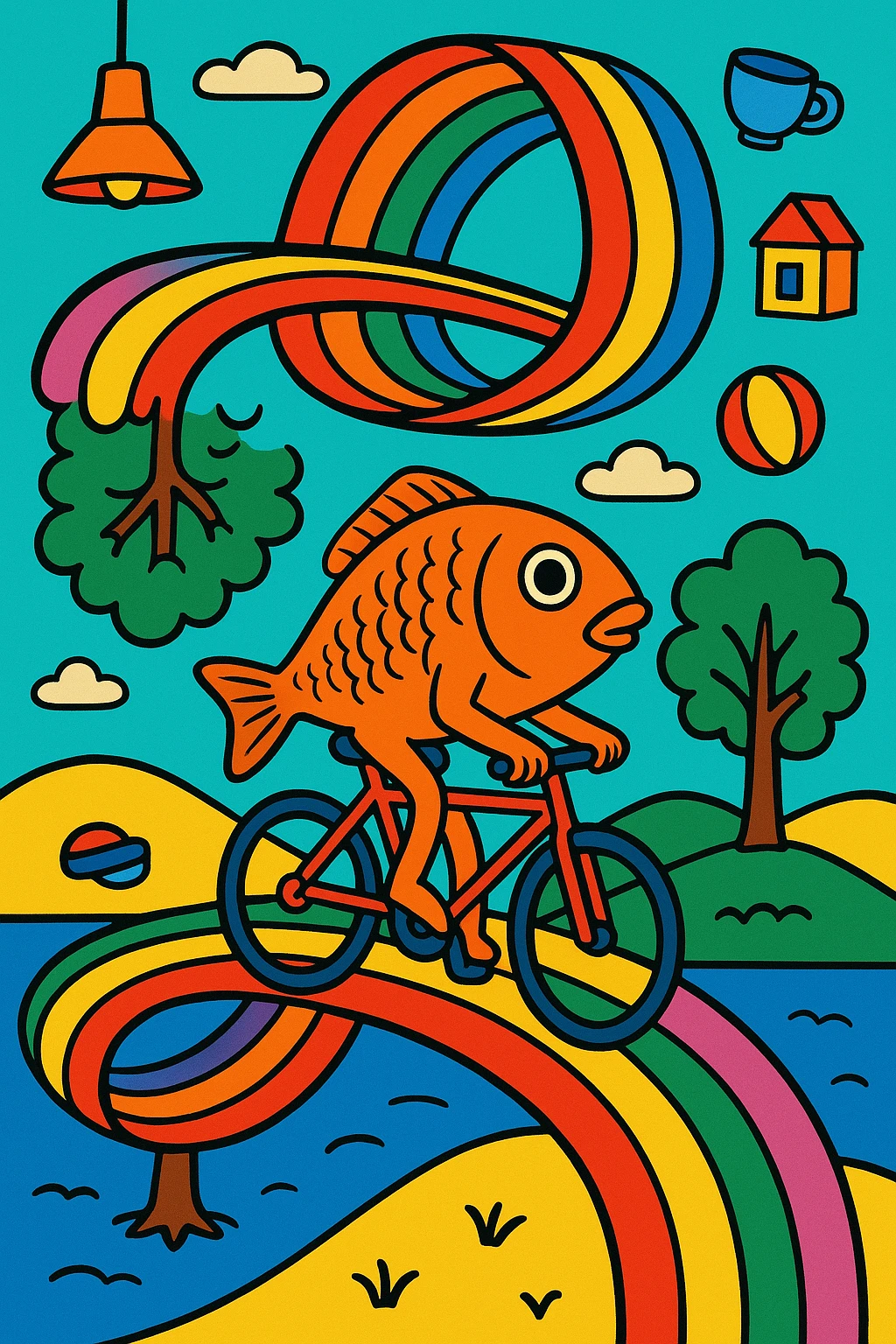 paradoxical scene: fish riding a bicycle on a rainbow road that loops into itself, upside-down trees, random objects, colorful surreal cartoon style, meant to make AI go insane emoji