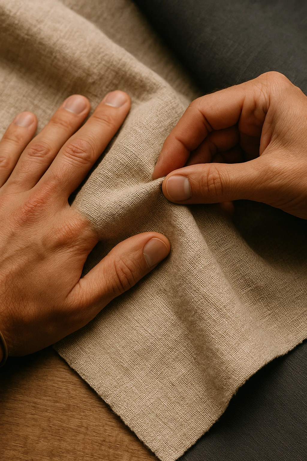 Primo piano di mani che toccano tessuto di lino grezzo, texture naturale dettagliata, colori puri e genuini, luce che rivela la bellezza delle imperfezioni naturali, mentre i sintetici appaiono artificiali e freddi in secondo piano emoji