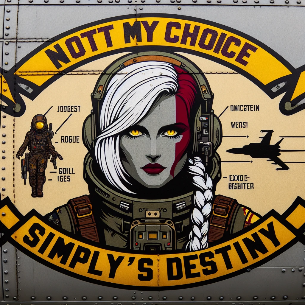a retro military pinup fuselage decoration for the motto " not my choice, simply my destiny "
the female figure, white hair 1 braid, gold yellow eyes, spacer, fierce, exo-rogue, menacing emoji
