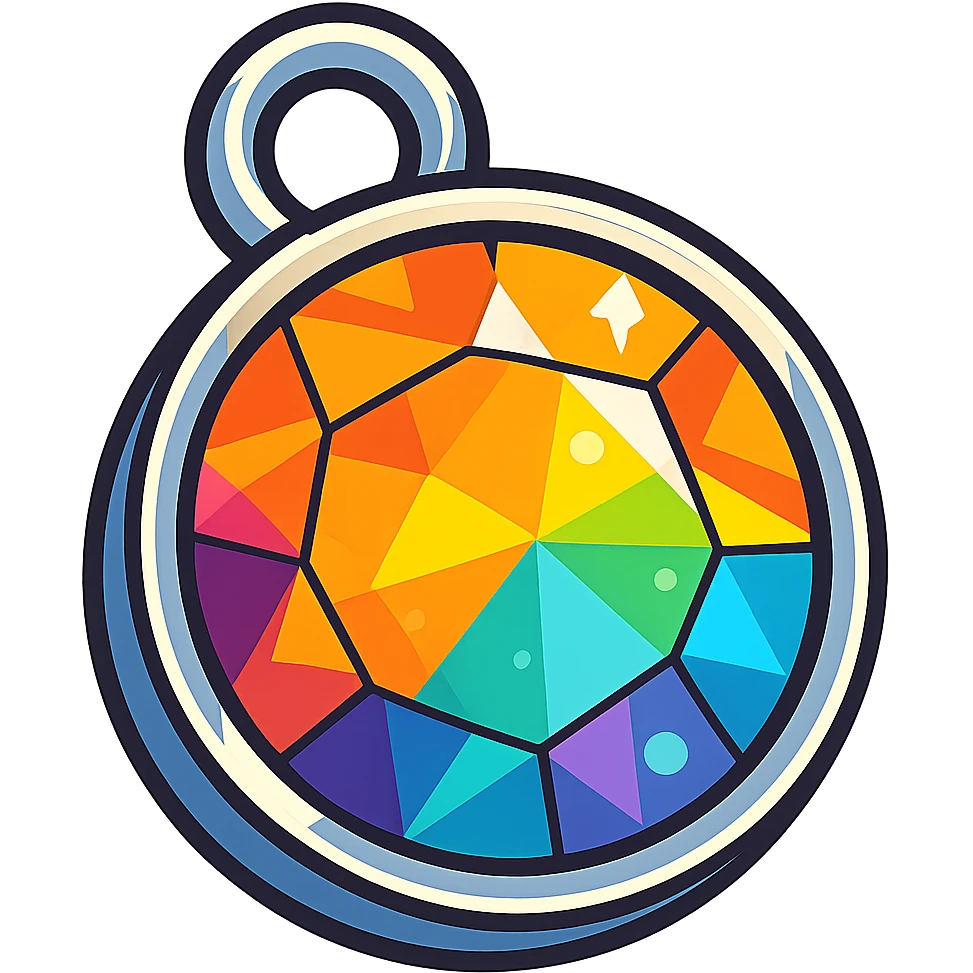 extreme close up of a round cut holographic amber charm with silver metal accent emoji