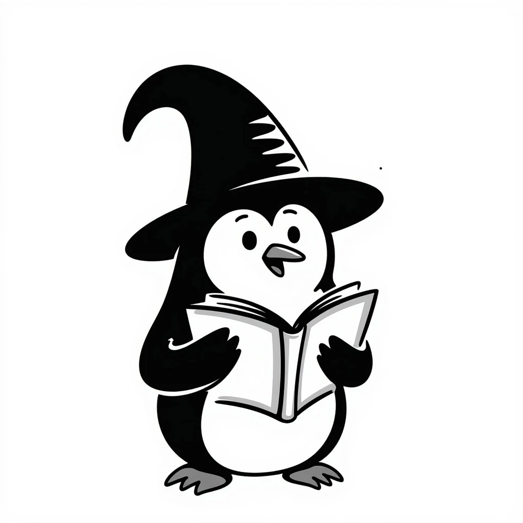 hand-drawn doodle of penguin wizard with floppy wizard hat and spellbook emoji