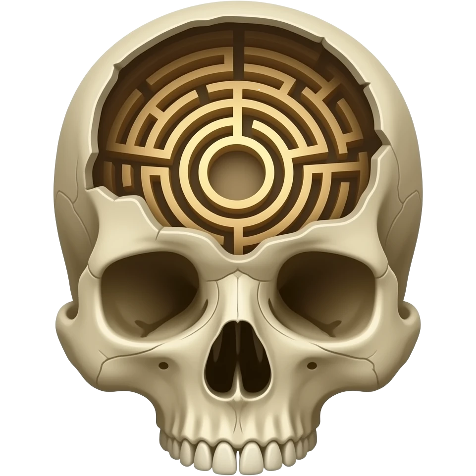 view from above into an open human skull containing the space of an ancient labyrinth emoji